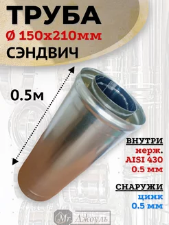 Сэндвич дымоход 0,5 м D 150x210 мм (Цинк0,5 - Нерж0,5)