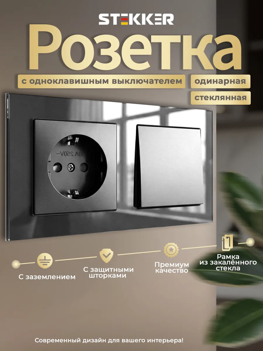 Розетка с одноклавишным выключателем встраиваемая стекло
