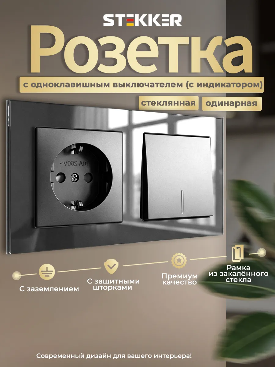 Розетка с одноклавишным выключателем встраиваемая стекло