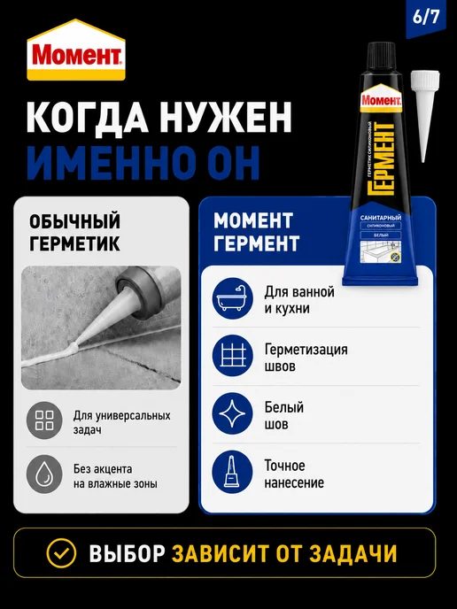 Момент Герметик силиконовый для ванной и кухни Санитарный, белый, фото 6