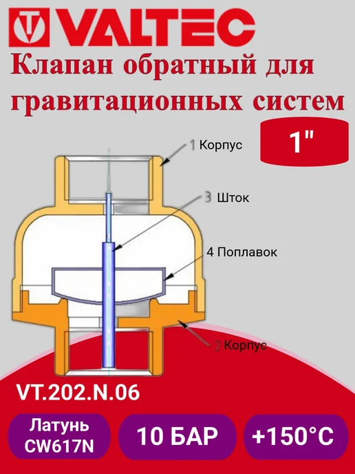 Valtec Клапан обратный для гравитационных систем 1" VT.202.N.06, вариант, фото 3