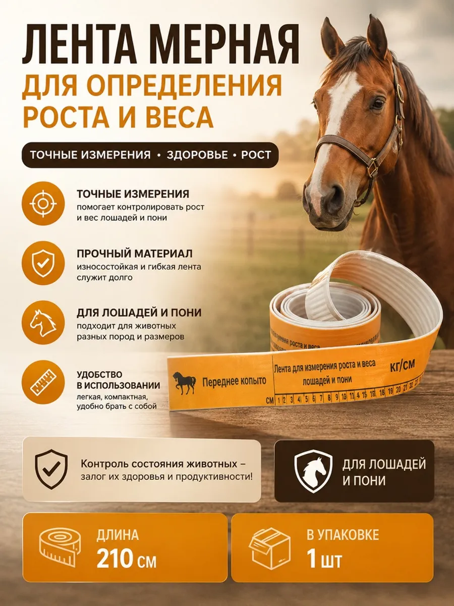 Мерная лента для определения веса и роста лошадей, 210 см