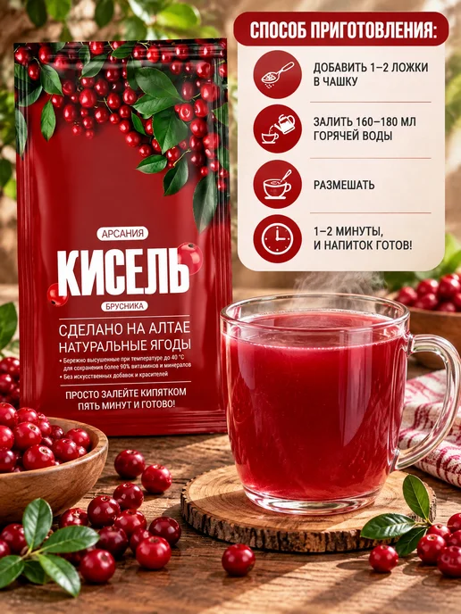 АРСАНИЯ Кисель быстрого приготовления брусничный в пакетиках, 10 шт, фото 3