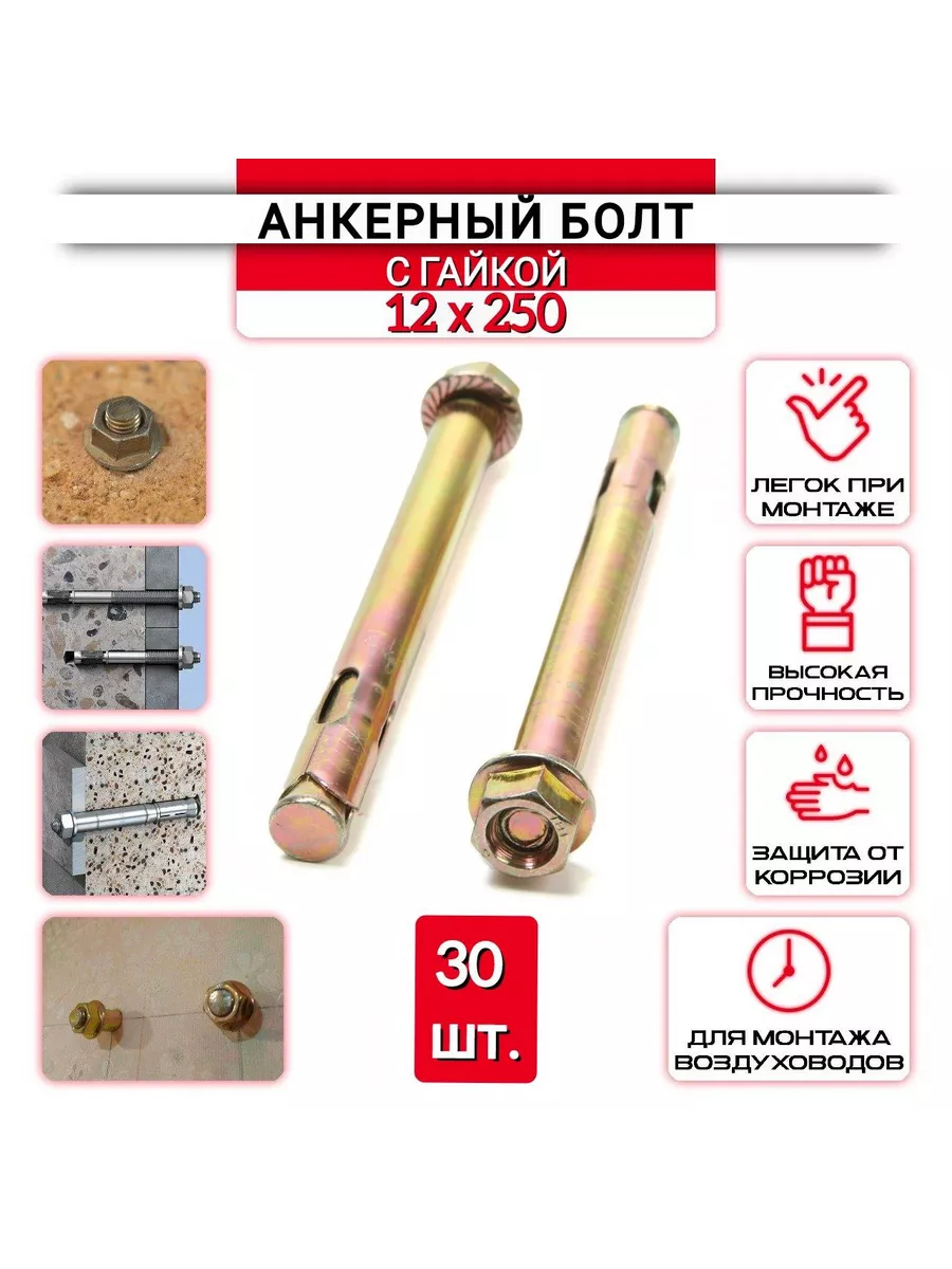 Анкерный болт с гайкой 12х250 мм - 30 шт.