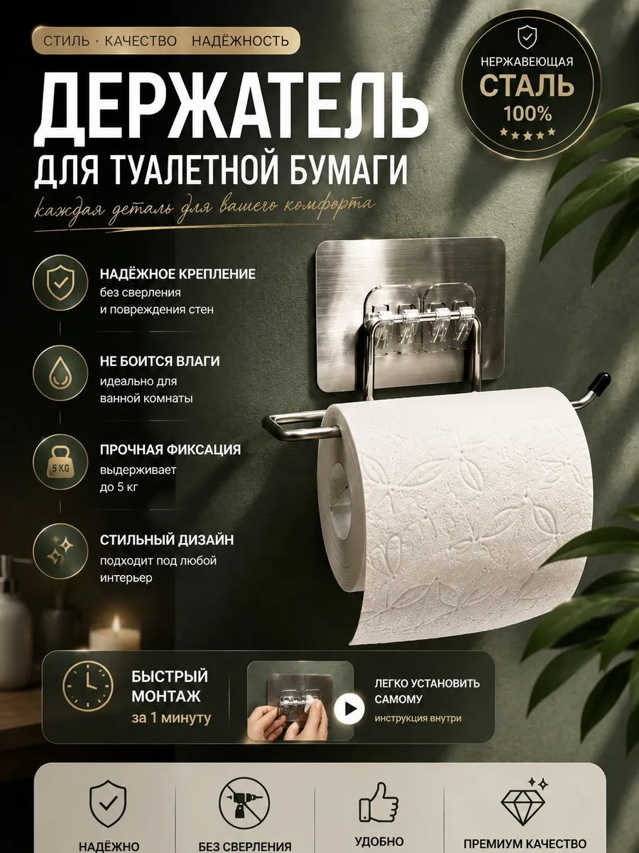 Держатель для туалетной бумаги из стали без сверления