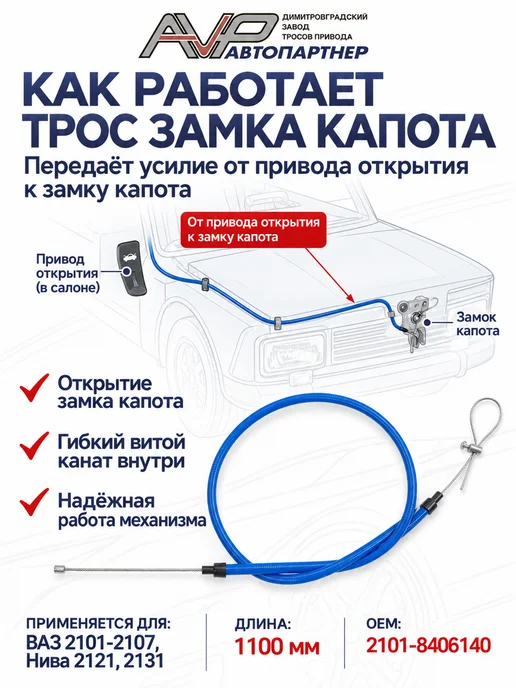 AVP Автопартнер Трос замка капота для ВАЗ 2109 с фиксатором, вариант, фото 3
