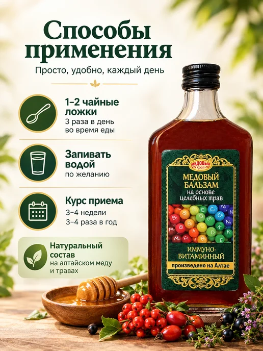 Медовый край Бальзам медовый иммуно-витаминный на травах 250 мл, 250 мл, фото 3