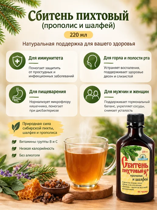 ABISORGANIC Сбитень пихтовый с прополисом и шалфеем, 3 шт по 220 мл, 3 шт, 220 мл, фото 2