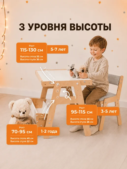 Kronly Растущий стол и стул с подушкой и полочкой органайзером, белый, фото 2