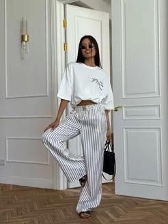 Брюки палаццо в полоску Loungewear ZEFIRKA 225669442 купить за 994 ₽ в интернет-магазине Wildberries