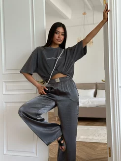 Брюки палаццо блестящие свободные Loungewear ZEFIRKA 225680374 купить за 994 ₽ в интернет-магазине Wildberries