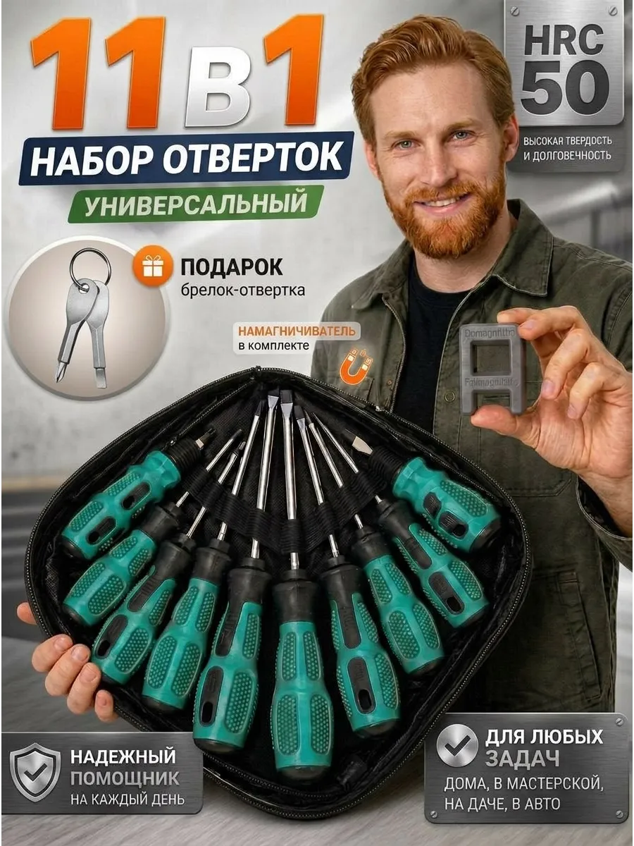 Набор отверток магнитных 10 шт с намагничивателем Cr-V