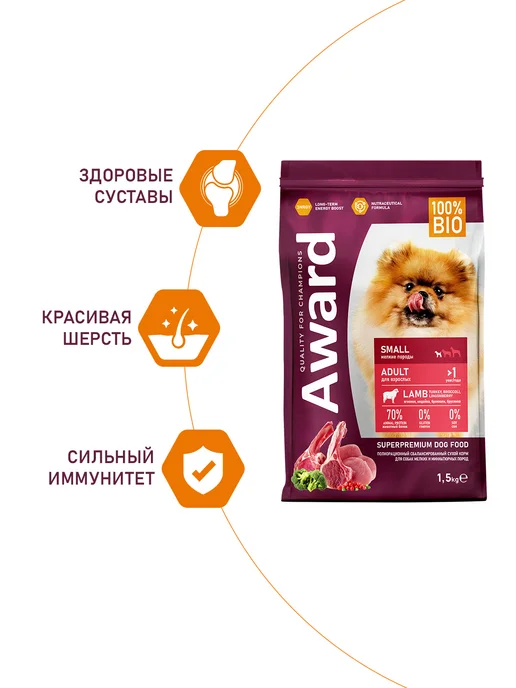 Сухой корм AWARD для собак, мелкие, индейка, ягненок, 1,551 кг, фото 2