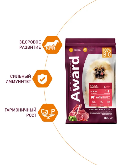 Сухой корм AWARD для собак, мелкие, щенки, индейка, ягненок, 0,825 кг, фото 2