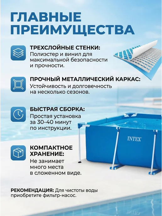 Intex Бассейн каркасный прямоугольный Интекс 220х150х60, вариант, фото 2