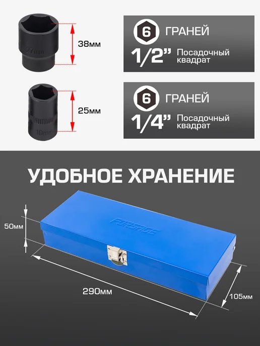 FORSAGE Набор ударных головок для гайковерта 1 2" и 1 4", 25 штук, вариант, фото 3