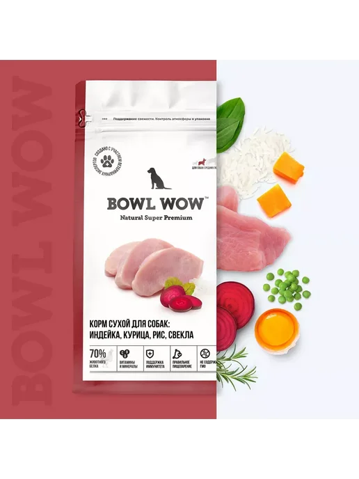 Сухой корм BOWL WOW для собак, индейка, курица, 2 кг, фото 3