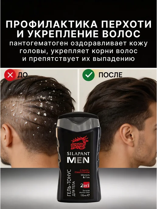 Две линии Silapant MEN, шампунь и гель для тела, 170 мл.1 штука, 170 мл, фото 3