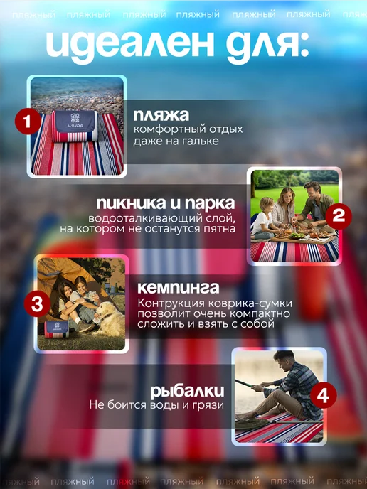 14 SEASONS Пляжный коврик для гальки плотный для пикника, синий, фото 5