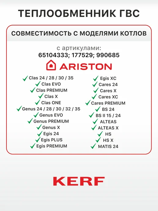 kerf Теплообменник ГВС вторичный для котлов Ariston (65104333), вариант, фото 2