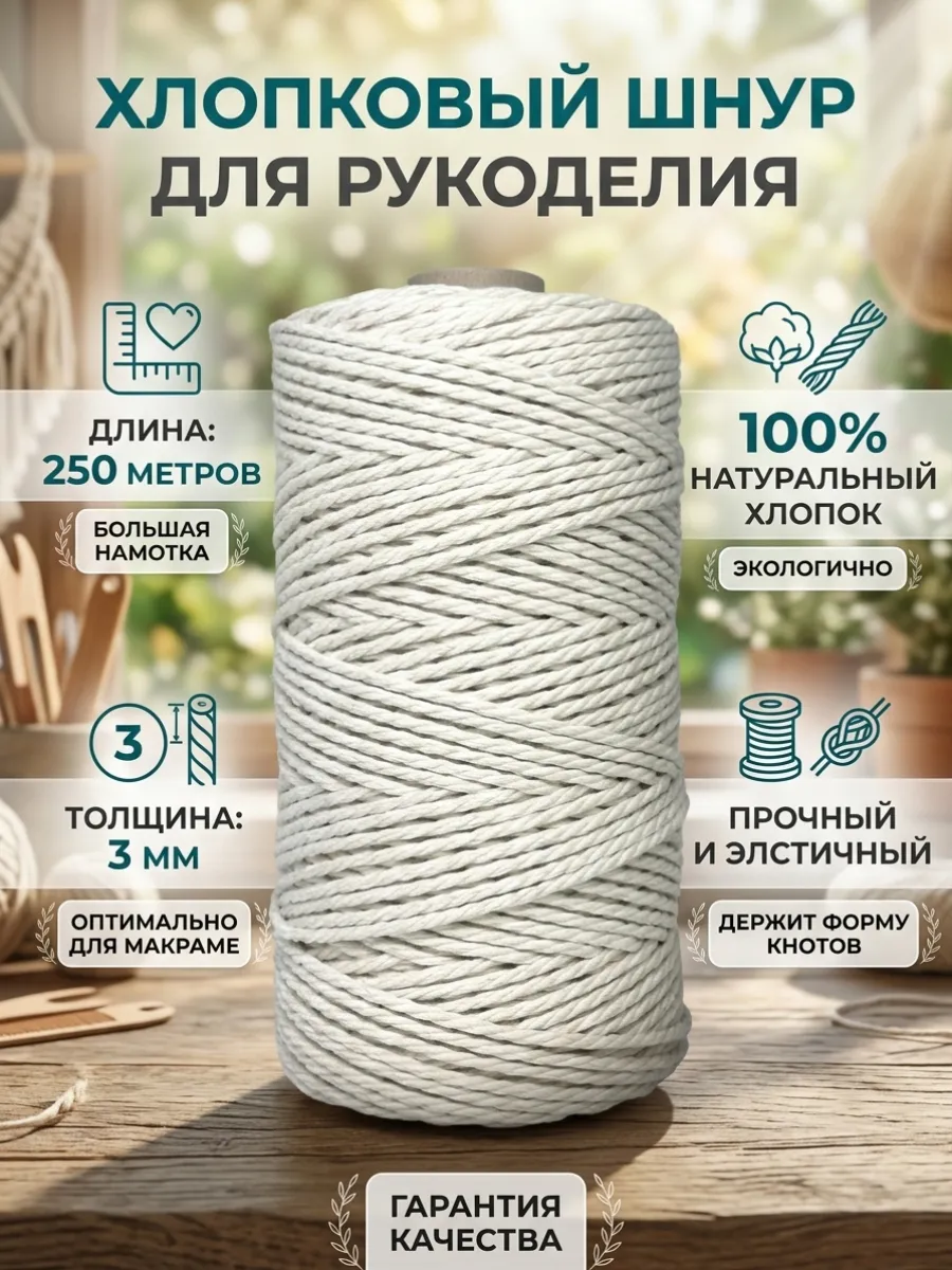 Хлопковый шнур для вязания макраме 3 мм