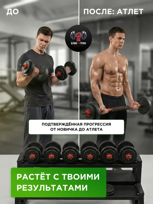 Блин-да-Гриф Гантели разборные 20 кг (2х10 кг) штанга трансформер, 20 кг, 10 кг, фото 6