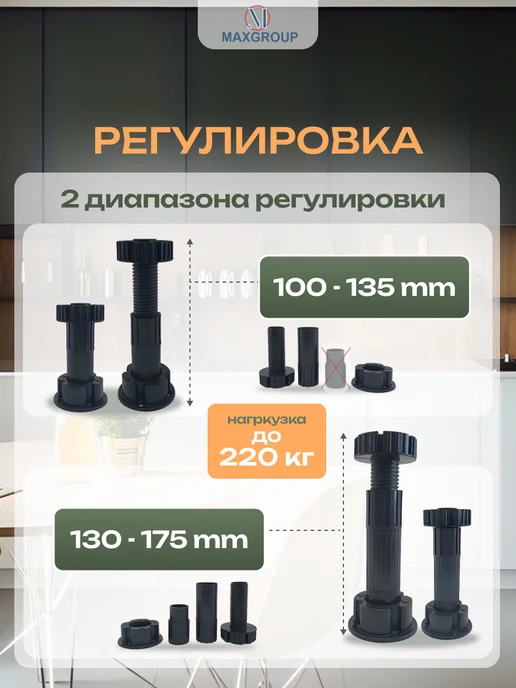 MAXGROUP Ножки для мебели регулируемые кухонные черные 4 шт, 4 шт, фото 2