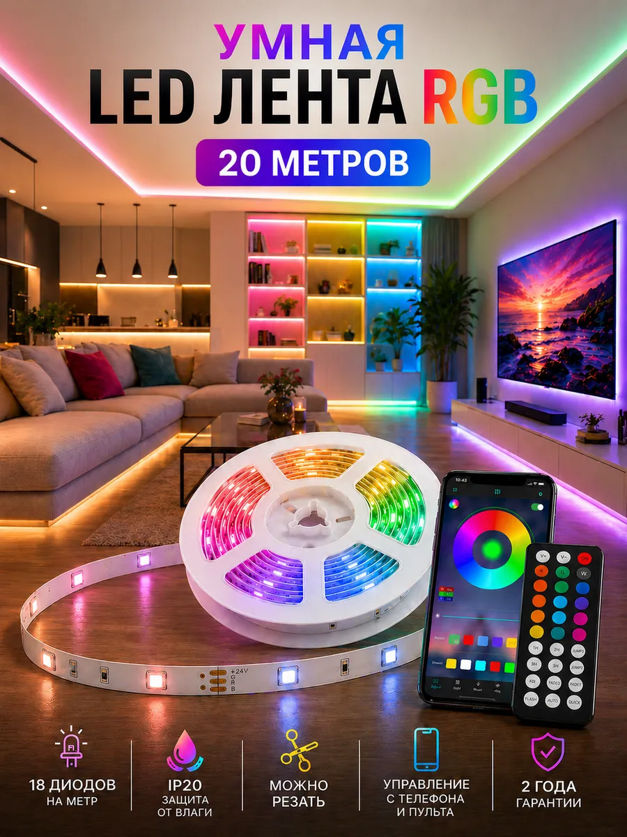 Светодиодная лента 20 метров с пультом RGB