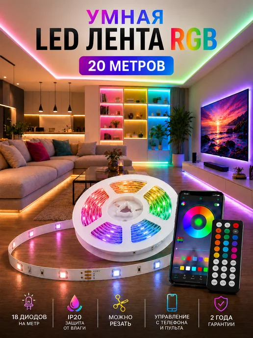 KUMPFORT Светодиодная лента 20 метров с пультом RGB, 20 м