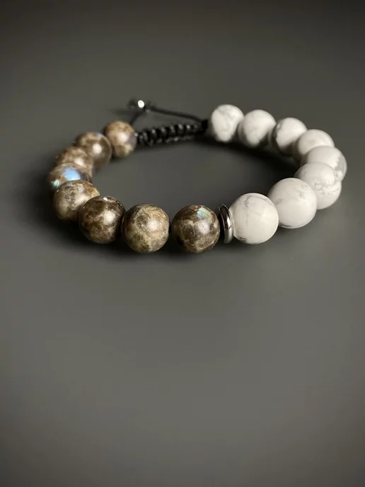 SNOW SHAMBALA Капучино - браслет из камней кофейный лабрадор и говлит, синий, фото 4