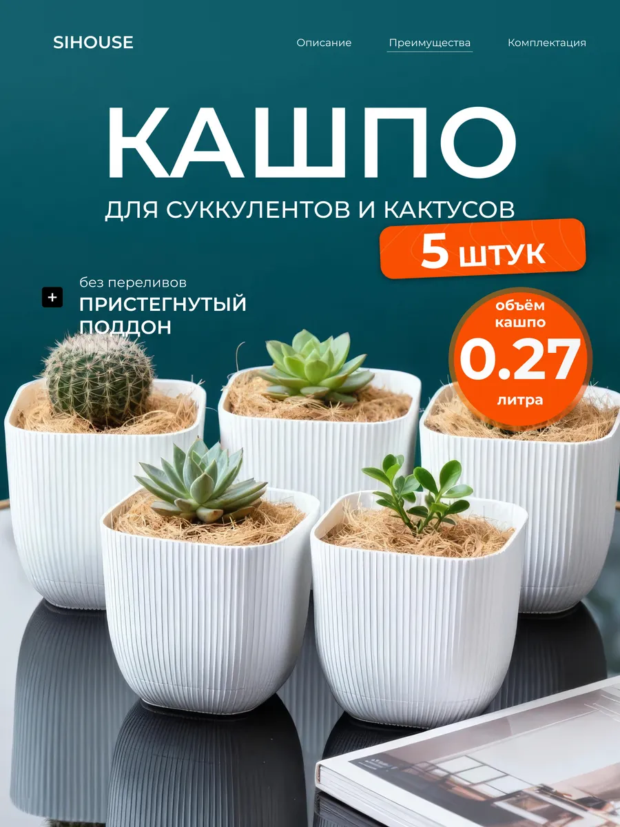 Кашпо квадратное для суккулентов и кактусов 0.27 л 5 шт