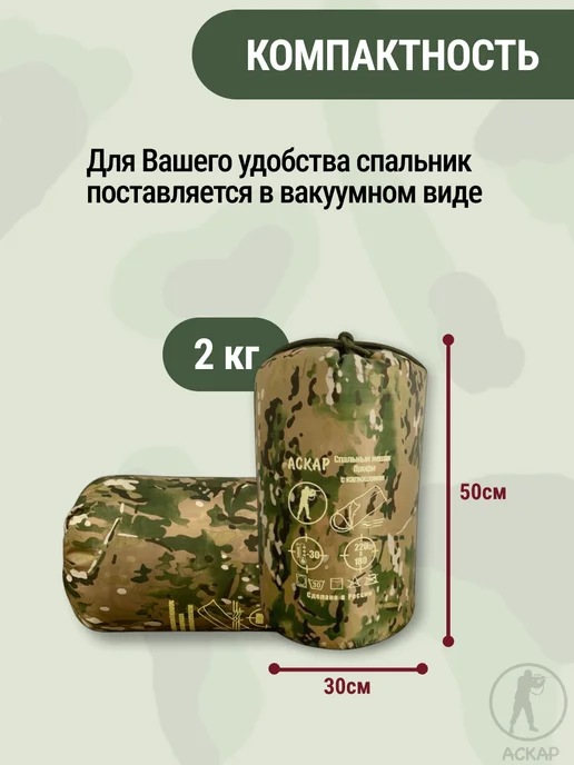 АСКАР Туристический мешок спальный с флисом 220х90 спальник -30, 220x90, фото 7