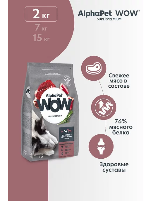 Сухой корм AlphaPet Wow для собак, средние, 15 кг, фото 2