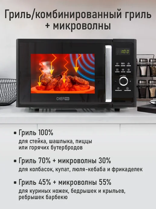 CHEF PRO Микроволновая печь 28л с грилем 2500Вт, микроволновка, 28 л, 3500 Вт, фото 2