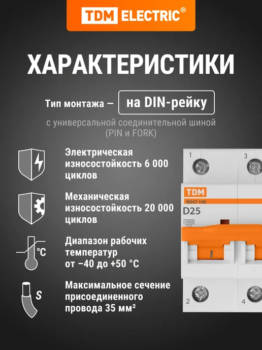 TDM Electric Автоматический выключатель ВА47-100 2Р 100А 10 кА тип D, 25А, фото 2