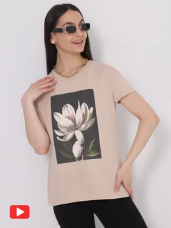 Футболка бежевая с принтом хлопок 100% Апрель 229786111 купить за 642 ₽ в интернет-магазине Wildberries