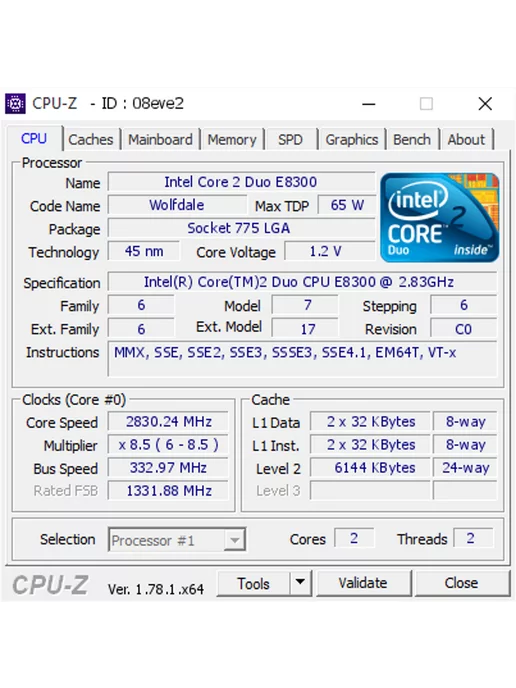 Intel Процессор Core 2 Duo E8300 LGA775 2 ядра 2 потока, вариант, фото 2