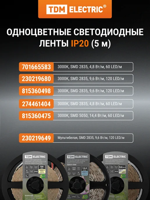 TDM Electric Лента светодиодная 60LED м 4,8 Вт м 6000К 5 м TDM, 4,8 Вт, 5 м, фото 7