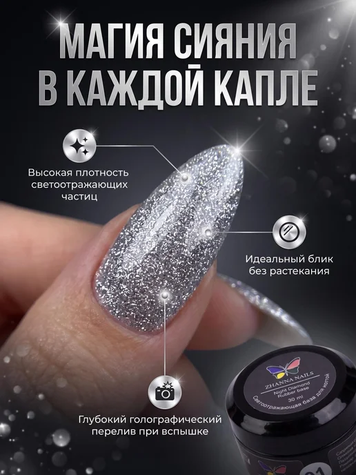 ZHANNA NAILS Светоотражающая база для ногтей №01 30 мл серебряная, 30 мл, фото 2