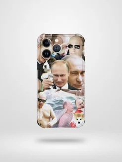 Смешной яркий чехол на iPhone 14 Pro с мемами путин