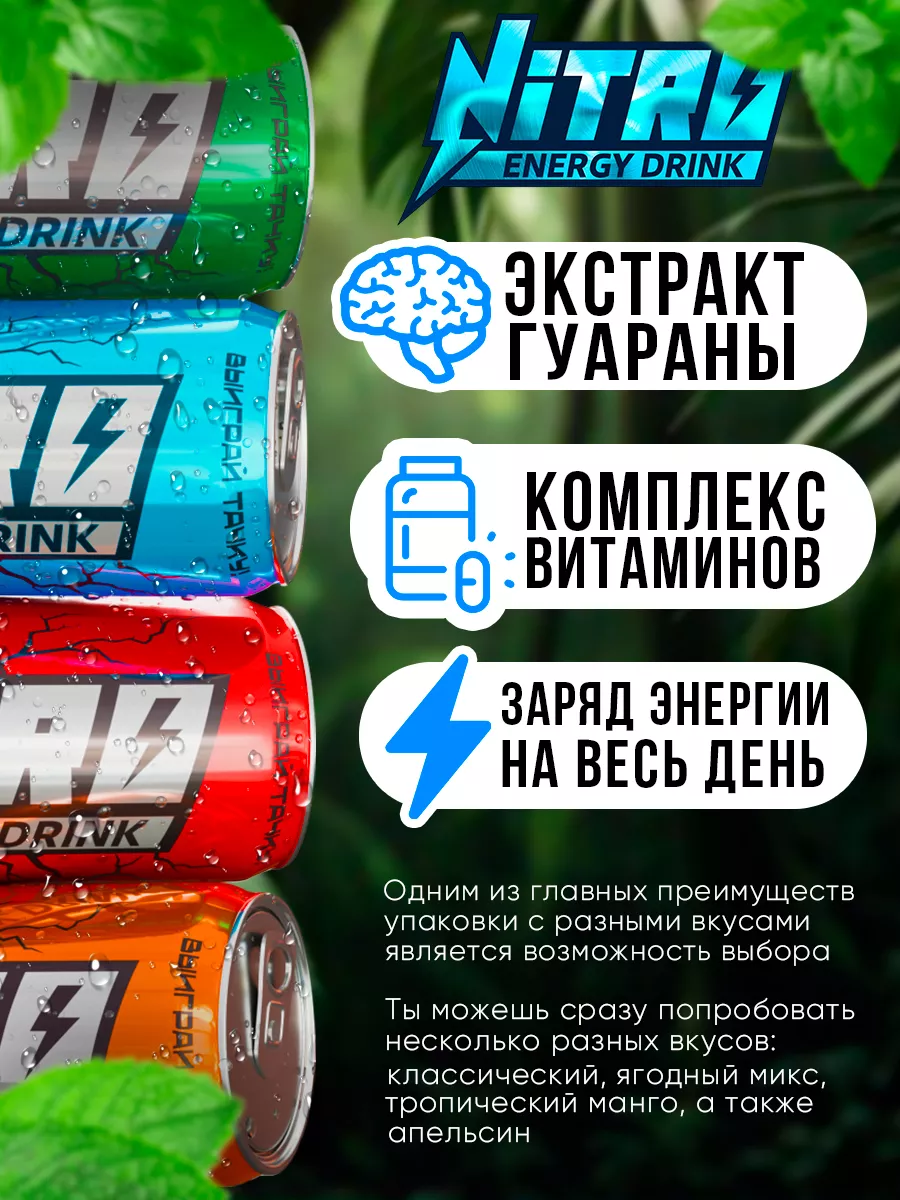 Напиток энергетический 0,450 мл. 4 шт. Микс Nitro Energy Drinks 231979515  купить за 726 ₽ в интернет-магазине Wildberries