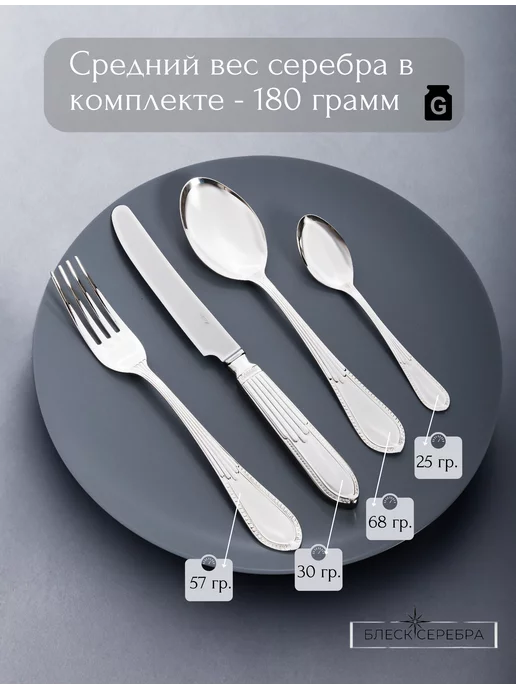 Блеск серебра Столовый набор из серебра 925,на 1 персону 4 пр, серебристый, фото 2
