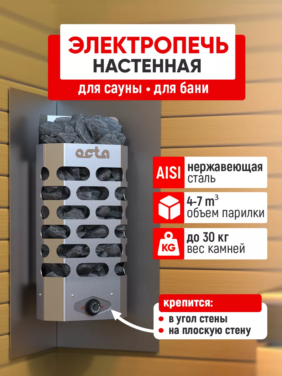 Печь электрическая 4 кВт для сауны и бани, настенная