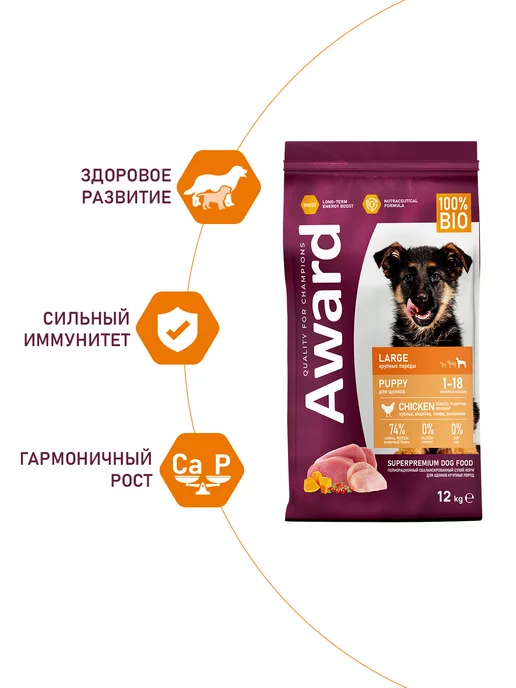 Сухой корм AWARD для собак, крупные, щенки, индейка, курица, 12,125 кг, фото 3