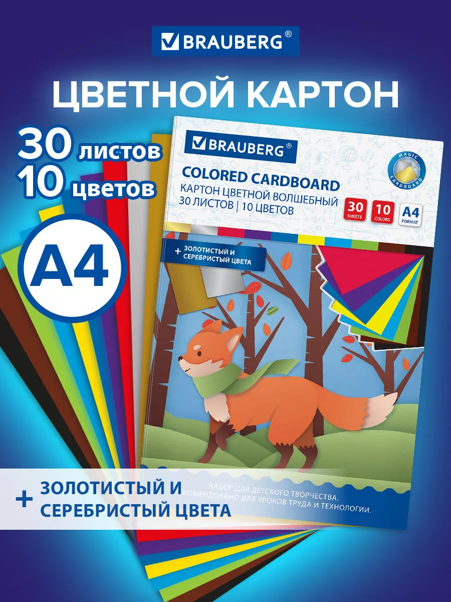 Цветной картон для школы набор А4 матовый 30 л 10 цв в папке