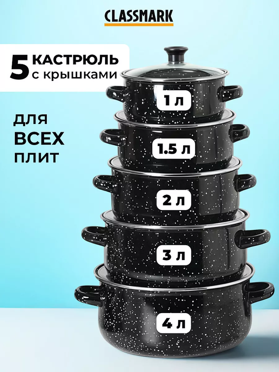 Набор кастрюль с крышками - эмалированные, 5 штук