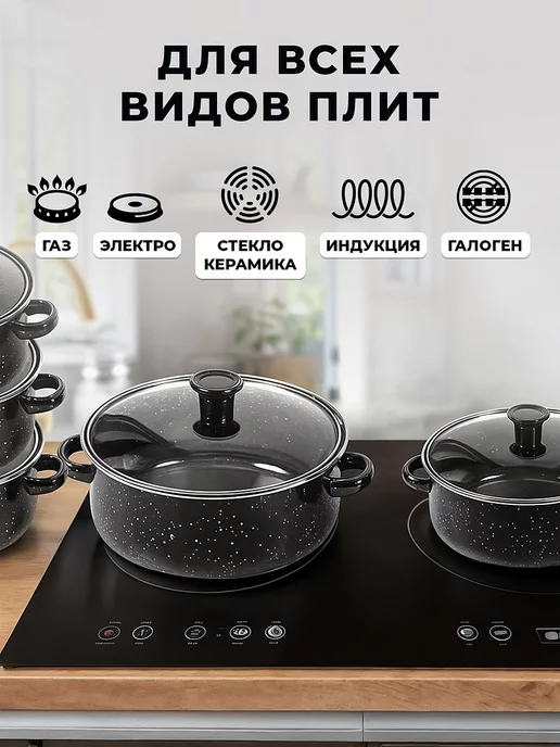 Classmark Набор кастрюль с крышками эмалированные антипригарные, черный, фото 2