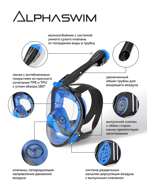 ALPHA SWIM маска для плавания снорклинга полнолицевая с трубкой, голубой, фото 2