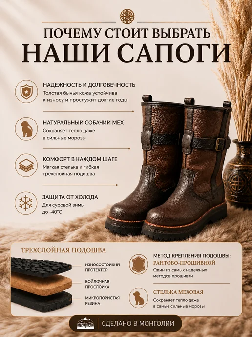 Монгольские унты Унты зимние сапоги монгольские Luter, коричневый, фото 2