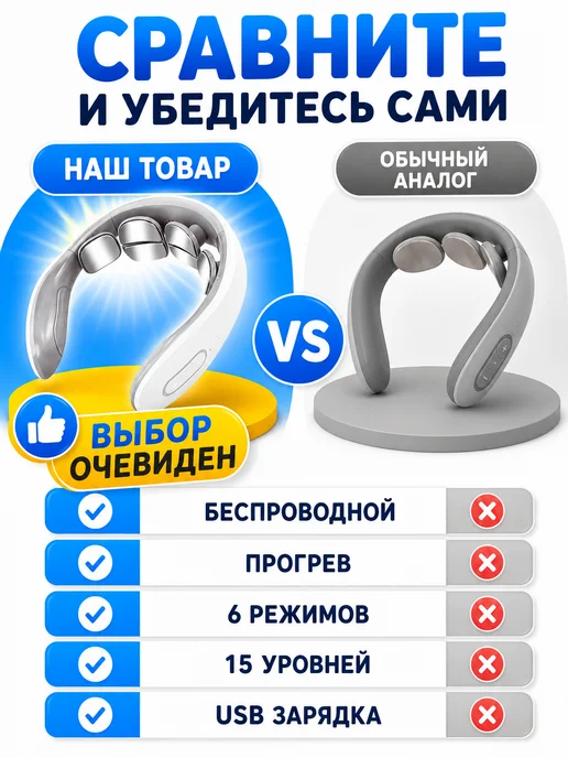 Массажер для шеи с тепловым прогревом Миостимулятор массажер для шеи электрический компактный, вариант, фото 7
